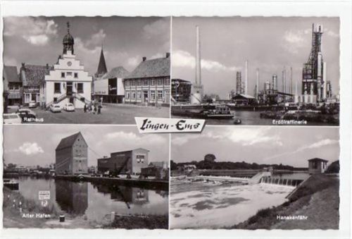 Lingen mit Rathaus, Erdoelfaffinerie, alter Hafen u. Hanekenfähr ungelaufen Top Erhaltung.