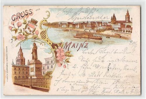 Mainz Lithographie Mainz am Rhein mit Dampfer und Guttenbergdenkmal gelaufen kleiner Knick unten rechts, Vorder- und Rückseite leicht fleckig, Anhaftung Rückseite rechts, sonst gut erhalten