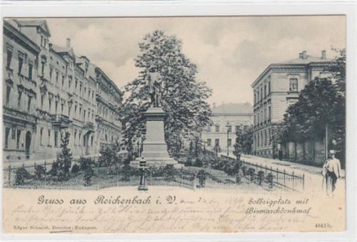 Reichenbach im Vogtland. Solbrigplatz mit Bismarckdenkmal gelaufen, 1899. Leicht stockfleckig, sonst gut erhalten