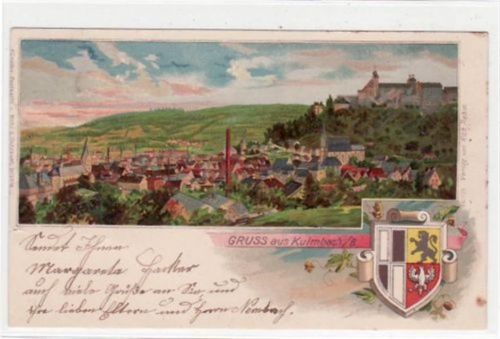 Kulmbach, Lithographie mit Gesamtansicht und Wappen gelaufen von 1901 kleiner Knick oben und unten links, kleiner Riß linker Rand, leichter Stempeldurchdruck, sonst gut erhalten