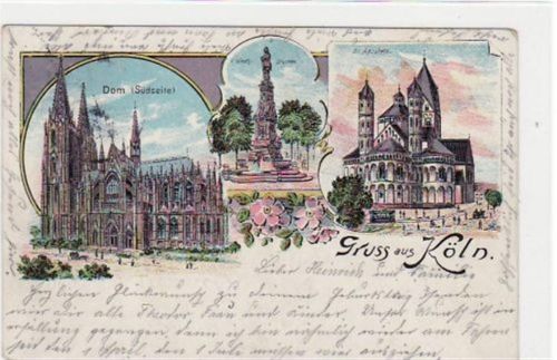 Köln Stadt Köln, Lithographie mit 3 Abbildungen gelaufen von 1904. Leicht abgerundete Ecke n, sonst gut erhalten
