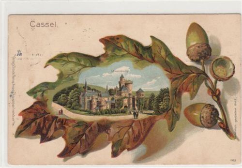 Kassel Kassel, Lithographie. Löwerburg in einem Haselnussblatt gelaufen, 1910. Leichter Schrift- und Stempeldurchdruck, leicht stockfleckig, sonst gut erhalten