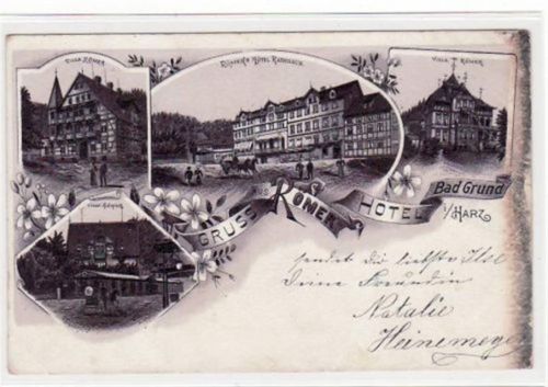 Bad Grund, Lithographie mit Villa Römer, Römers Hotel u. Rathaus gelaufen, 1899. Oxydationsspuren rechter Rand, leichte Knicke, stockfleckig, sonst gut erhalten