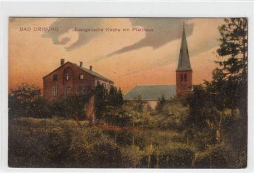 Bad Driburg. Evangelische Kirche mit Pfarrhaus. Feldpost, Stempel von 1914. leichte Abschürfungen, leicht fleckig, sonst gut erhalten