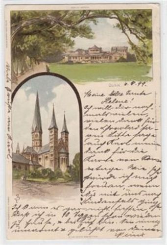 Bonn, Lithographie mit Teilansicht und Münsterkirche gelaufen, 1899. Leichter Stempeldurchdruck, kleiner Knick oben links, sonst gut erhalten
