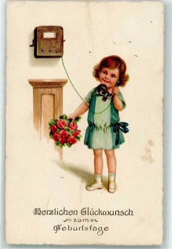 1927 Mädchen mit Rosen Wandtelefon Geburtstag AK
