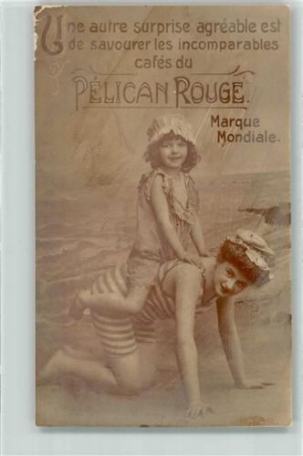 Mutter und Kind im Badeanzug Bademode - Kaffee du Pelican Rouge Marque Mondiale Kaffeewerbung Fotomontage AK