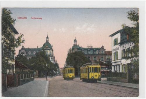 Gießen Giessen. ein Blick auf den Seltersweg gelaufen, 1919. Leichter Stempeldurchdruck, Ecken mit Albumabdrücken, kleiner Knick unten links, sonst gut erhalten