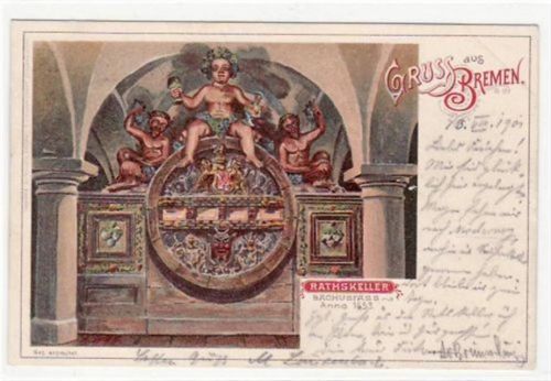 Bremen Bremen, Lithographie mit Bachusfass Anno 1953, Ratskeller gelaufen, 1901. Ecken mit Albumabdrücken, kleiner Knick unten rechts, sonst gut erhalten