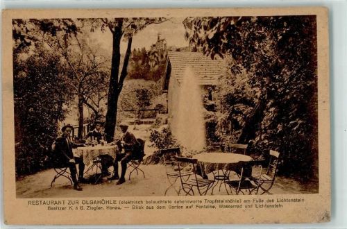 72805 W7414 Lichtenstein , Württ Gebrauchsspuren Gasthaus zur Olgahöhle Garten Fontaine Wasserrad elektrisch beleuchtete Tropfsteinhöhle