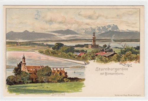 Bernried am Starnbergersee, Lithographie mit Bismarckturm. ungelaufen um 1900 Ecken mit Albumabdrücken, sonst gut erhalten
