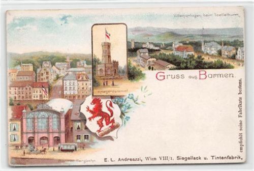 Wuppertal-Barmen, Lithographie. Villenanlagen beim Toellethurm Kriegerdenkmal Barmer Bergbahn ungelaufen Gute Erhaltung.