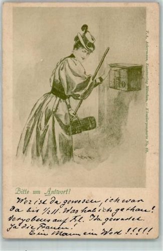 1898 Bitte um Antwort Frau am Briefkasten Verlag Ackermann Nr. 69 sign Henri