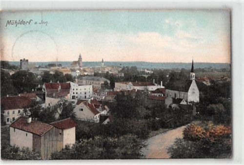 Mühldorf am Inn. Gesamtansicht mit Kirche gelaufen. Leichter Stempeldurchdruck, kleiner Knick oben links, leichte Abschürfungen, sonst gut erhalten