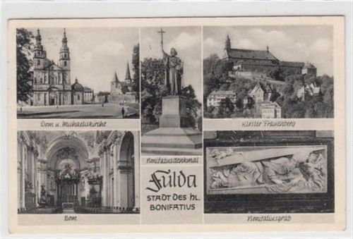 Fulda Fulda. 5 Abbildungen. Kloster Frauenberg Dom Michaelskirche gelaufen, 1954. Leichter Stempeldurchdruck, Ecken mit Albumabdrücken, sonst gut erhalten