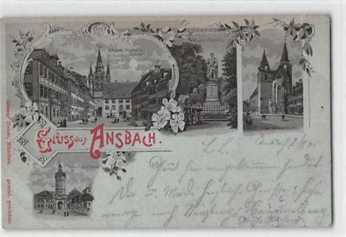 Lithographie Ansbach mit Herriederthor und St. Johanniskirche gelaufen kleiner Riss oben rechts, leicht fleckig, sonst gut erhalten