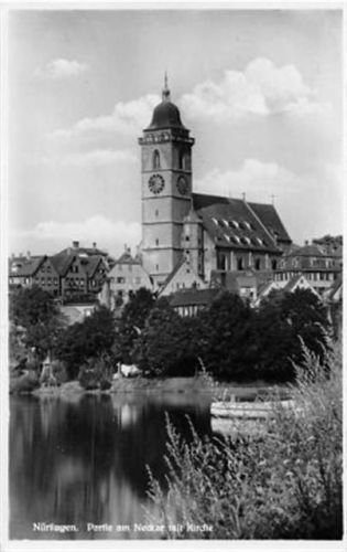 Nürtingen. Partie am Neckar mit Kirche gelaufen. Leichter Stempeldurchdruck, sonst gut erhalten