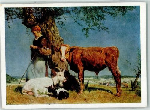 Frau als Hirtin Ziege Rind Kuh sign. P. Junghanns Weiderast AK