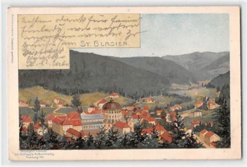 St. Blasien, Lithographie. Gesamtansicht gelaufen. Marke entfernt, leichte Abrissspuren kleiner Riss linker Rand, kleiner Knick unten links und unten rechts, leichter Stempeldurchdruck, sonst gut erhalten