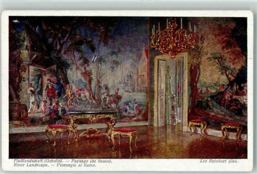 Flußlandschaft Gobelin im Schloss sign. Leo Reinhart Verlag BKW Wiener Kunst 2499