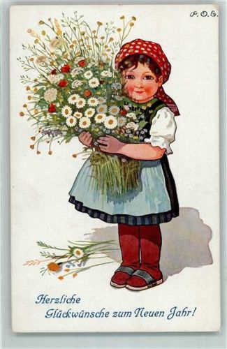 Neujahr Mädchen Wiesenblumen Verlag TSN Serie 1558 AK
