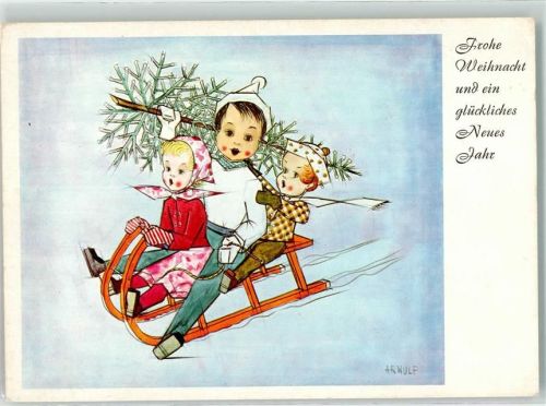 sign. Arnulf Stegmann Neujahr Kinder Schlitten Tannenbaum Dennoch Verlag 171