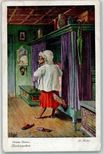 Brüder Grimm Rotkäppchen Wolf Pantoffeln Tiere vermenschlicht Märchen Karte 4 Serie 128 Nr 3733