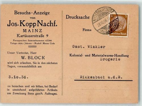 Mainz Besuchs Anzeige von Jos. Kopp Nachf. für Vertreter Herr W. Block