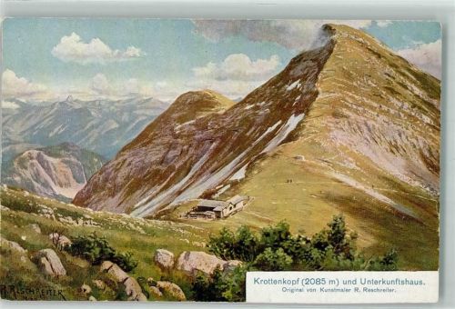 Krottenkopf und Unterkunftshaus Alpenverein Section Weilheim-Murnau sign. R. Reschreiter Berghütte und Hüttenstempel