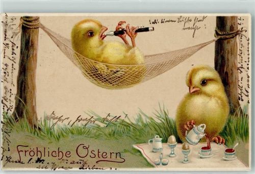 vermenschlicht Hängematte Kaffee Eierbecher Flöte Ostern AK Huhn 1913 Prägedruck