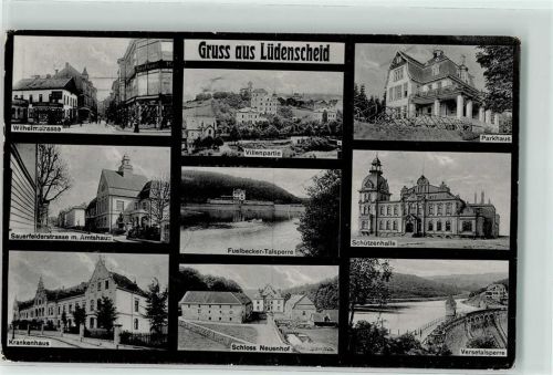 58507 W5880 Lüdenscheid 1917 - Wilhelmstraße Sauerfeldstraße m. Amtshaus Krankenhaus Schloss Neuenhof Versetalsperre Schützenhalle Parkhaus Fuelbecker Talsperre