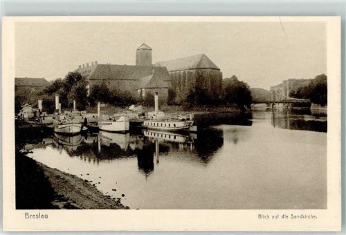 Breslau Blick auf die Sandkirche Dampfer