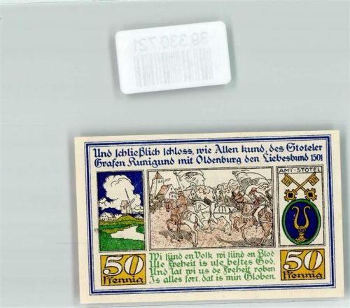 Stotel Notgeld 50 Pfennig Windmühle Wappen Schlüssel Kirche Graf Runigund