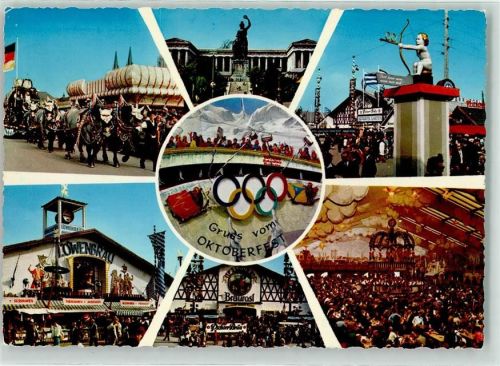 München Löwenbräuzelt Bavariastatue Ruhmeshalle Engel Pfeil und Bogen der Toilette anzeigt Olympische Ringe
