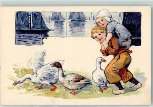 Holzschuhe Gänse Segelboote Serie 3939 Trachten Niederlande / Hollandkind Prägedruck