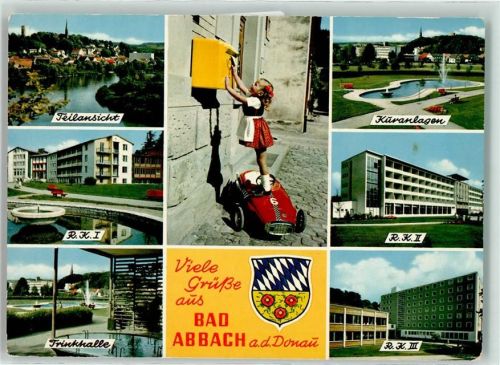 Bad Abbach Rheuma Krankenhaus Trinkhalle Kuranlagen Wappen Springbrunnen Briefkasten Mädchen Tracht Auto Spielzeug