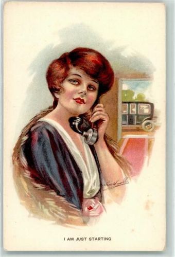 I am just starting - Frau mit einem Telefon AK Telefon Künstlerkarte