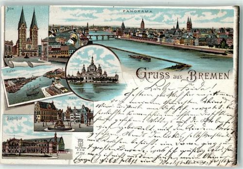 28195 W2800 Bremen 1897 Gebrauchsspuren Parkhaus Bahnhof Marktplatz Hafen Dom Weserbrücke Lithographie