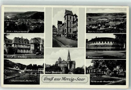 66663 W6640 Merzig - Stadthaus Schwimmbad Heilborn Schloß von Fellenberg Kreissparkasse