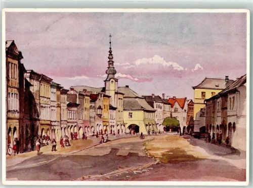 Svitavy Marktplatz Kirche Arkaden Geschäfte