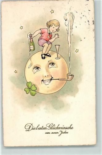 1935 Neujahr Mond mit Pfeife vermenschlicht Kind mit Sekt