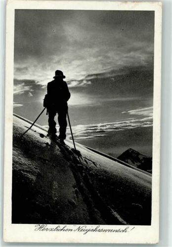 1937 Neujahr Skifahrer Sonnenaufgang AK