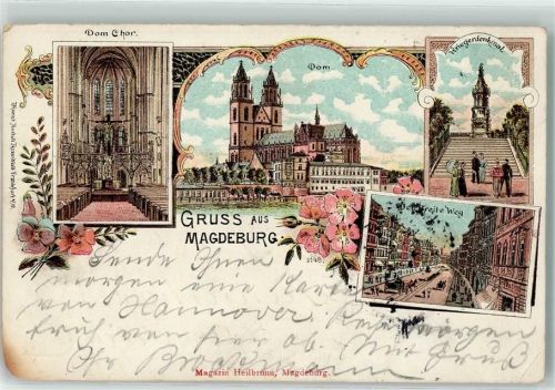 39104 O3000 Magdeburg 1898 Gebrauchsspuren Dom Chor Kriegerdenkmal Breite Weg Lithographie