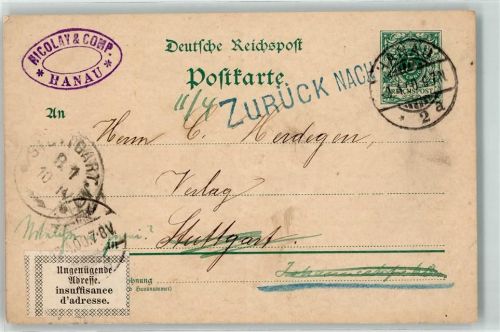 63450 W6450 Hanau 1900 - Marke Ungenügende Adresse Zurück-Stempel Ganzsache