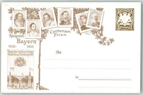 Bayerische Jubiläums Landes Ausstellung 1906 Centenar-Feier Maximilian Joseph I. Maximilian II. Ludwig I. Ludwig II. Otto Prinz Regent Luitpold Privatganzsache