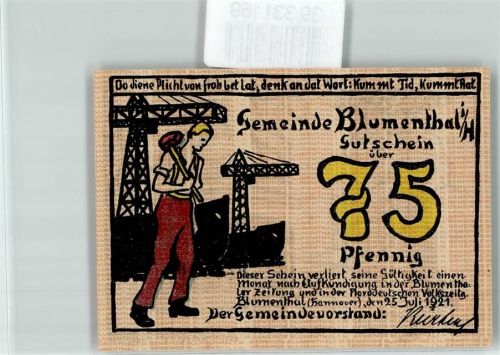 28195 W2800 Blumenthal Notgeldschein Notgeld 75 Pfennig Arbeiter Hammer Kran Schiff Frau Kamm Paket