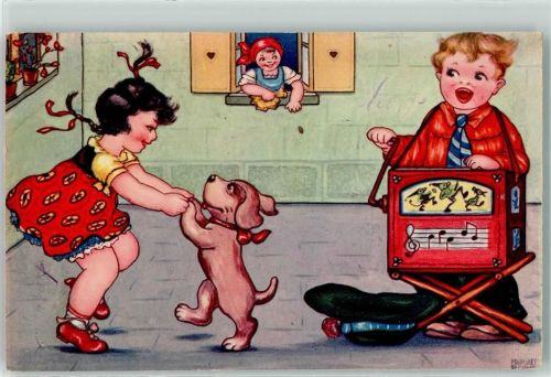 sign. Boris, Margret Tanz mit dem Hund AK Verlag Amag 0408 auf AK Drehorgel 1933