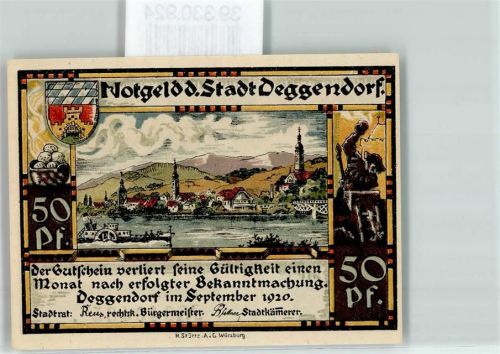 Deggendorf Notgeld Wappen Raddampfer Kirche Türme Brücke Adler Religion