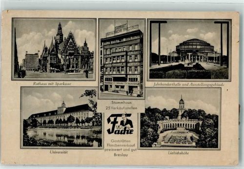 Breslau Wroclaw Gebrauchsspuren Rathaus mit Sarkasse Jahrhunderthalle und Ausstellungsgebäude Universität Liebichshöhe