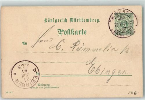K. Württ. Bahn-Post Nr 21 Ganzsache Bahnpoststempel 1897